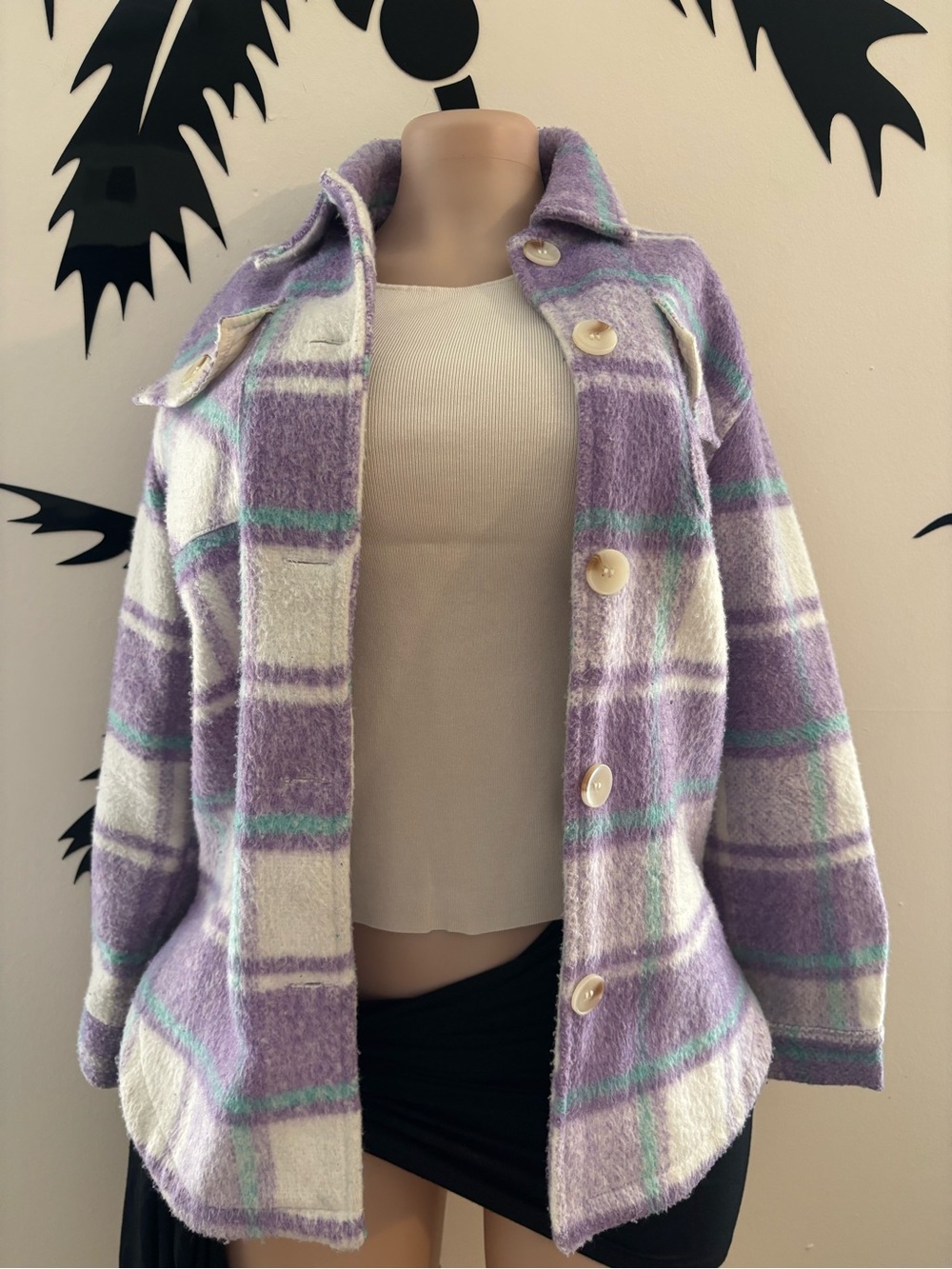 Primark Lavender and Cream Plaid Shacket Hoodie